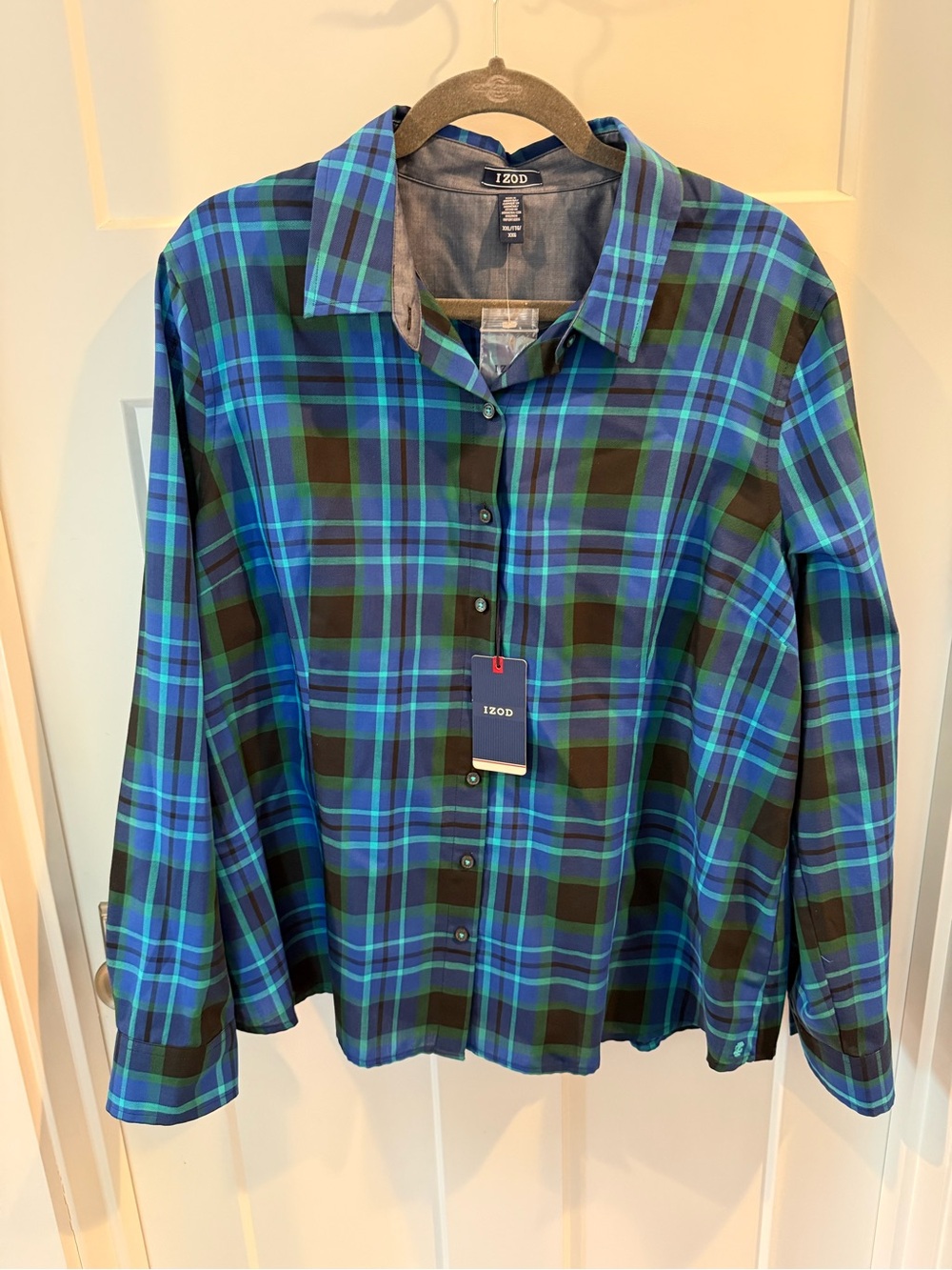Izod Green and Blue Plaid Button-Up Blouse NWT